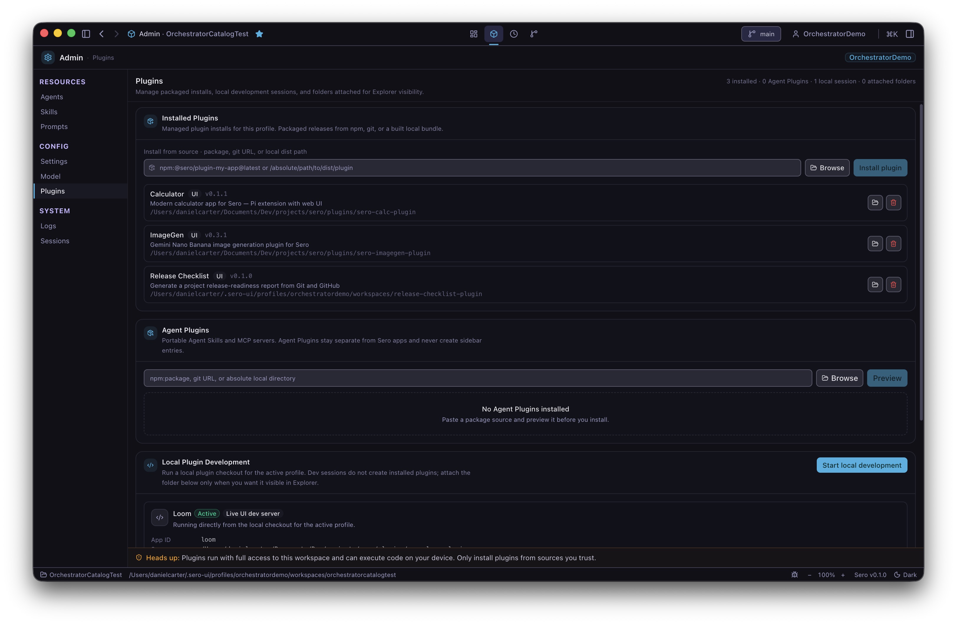 Local plugin development sessions and attached folders