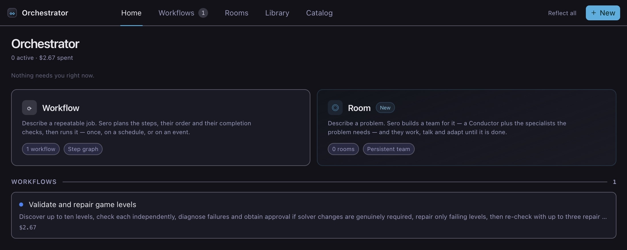 The Home overview, with workflows grouped by status