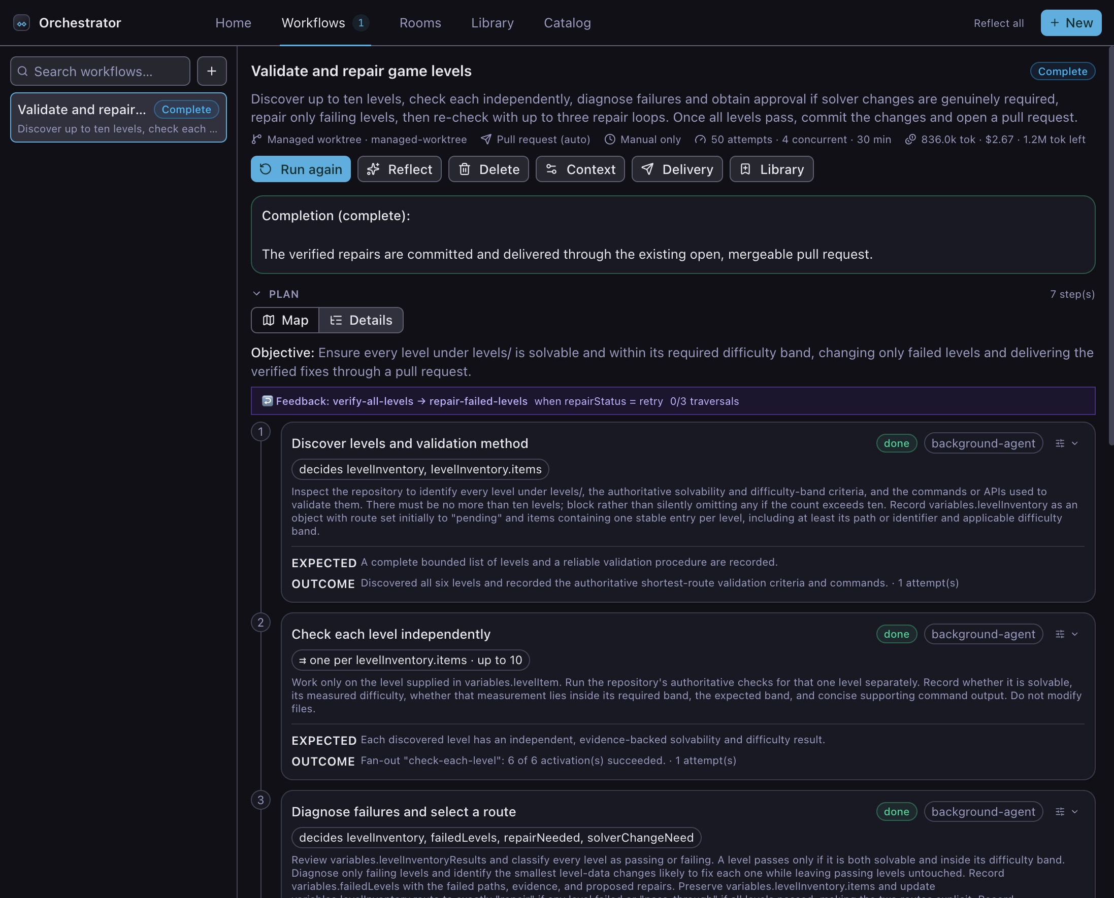 The finished workflow, with each step's outcome and the run history