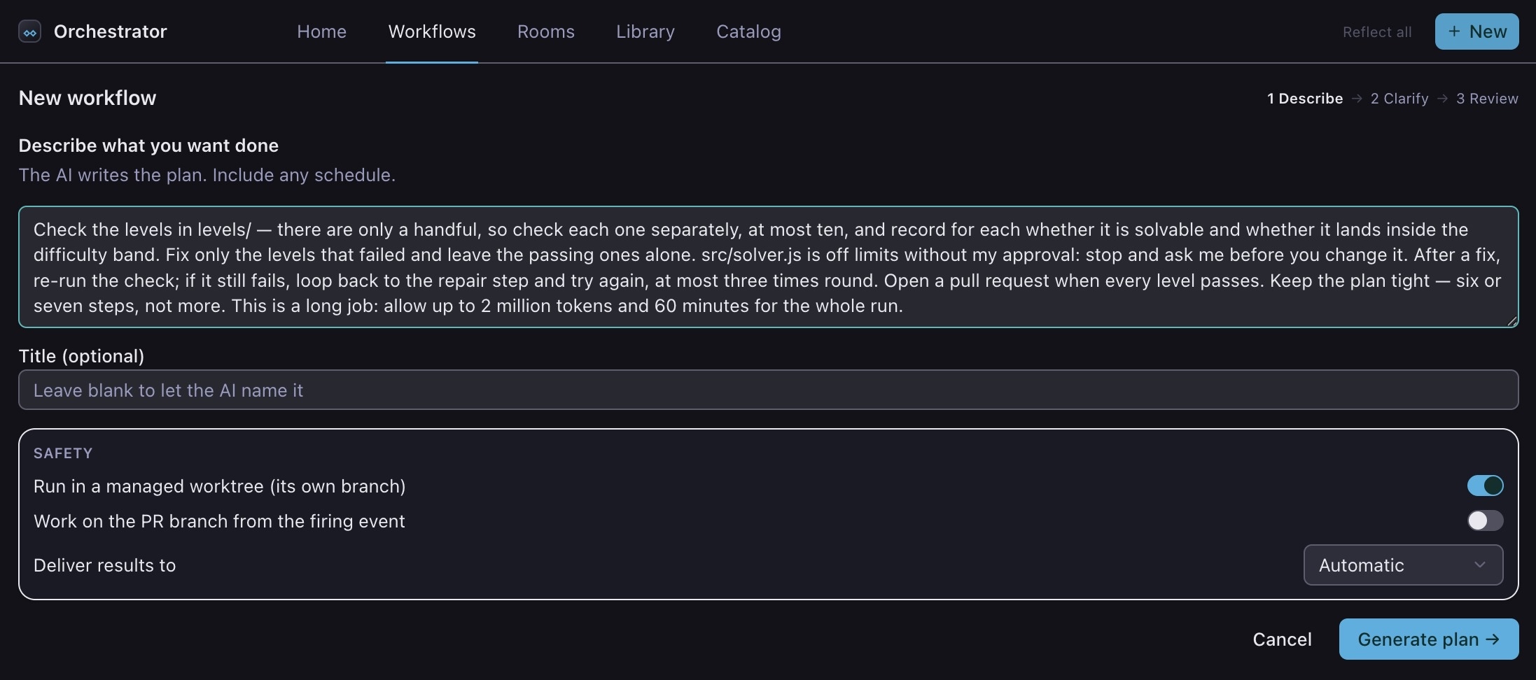 The New workflow screen, with the goal typed into the description box