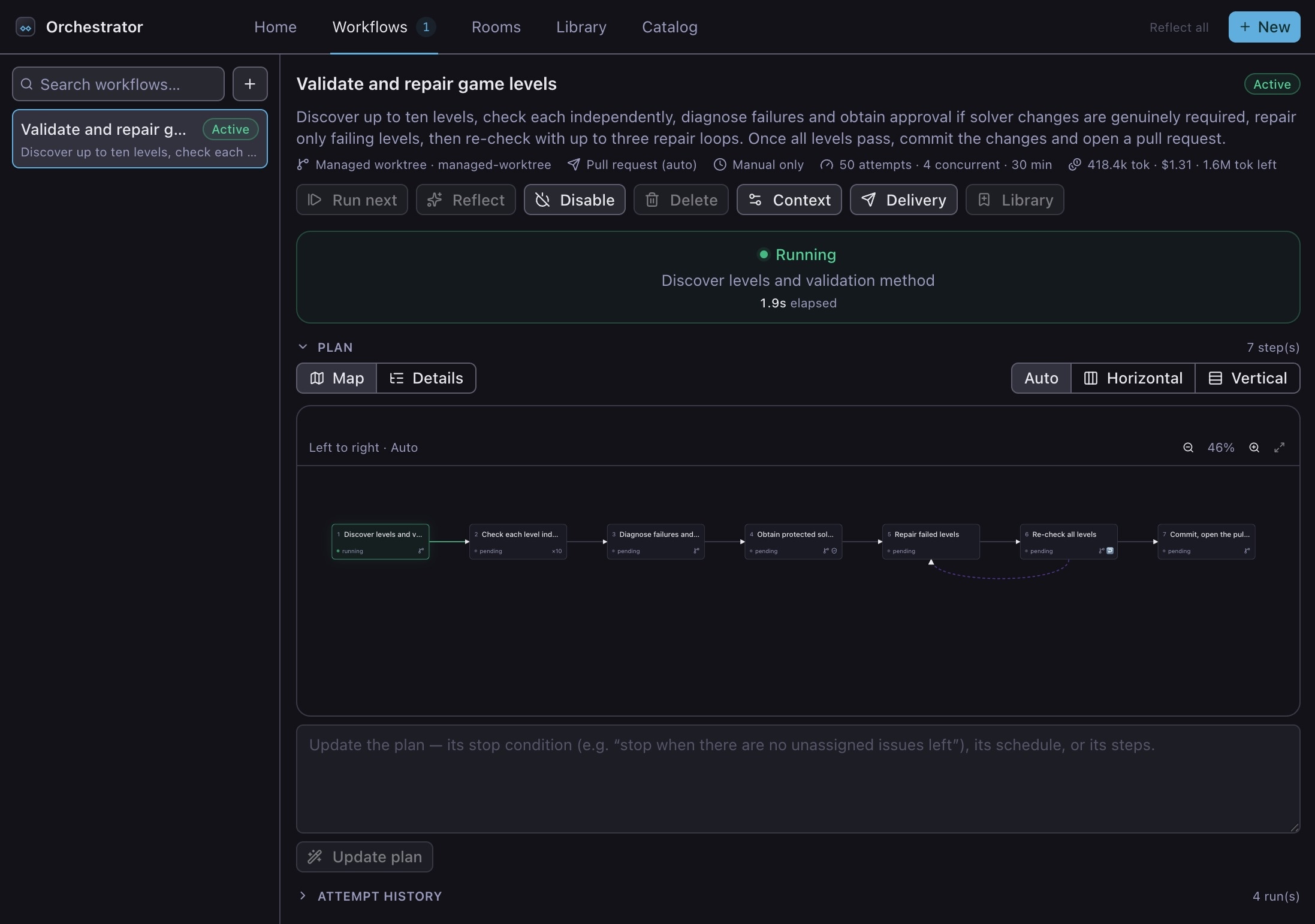 The workflow running, with one step active and the others waiting