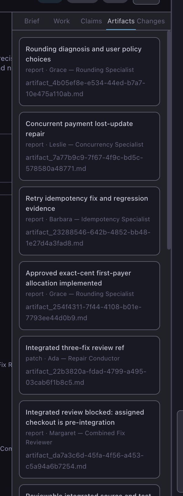 The Artifacts tab, listing six published reports