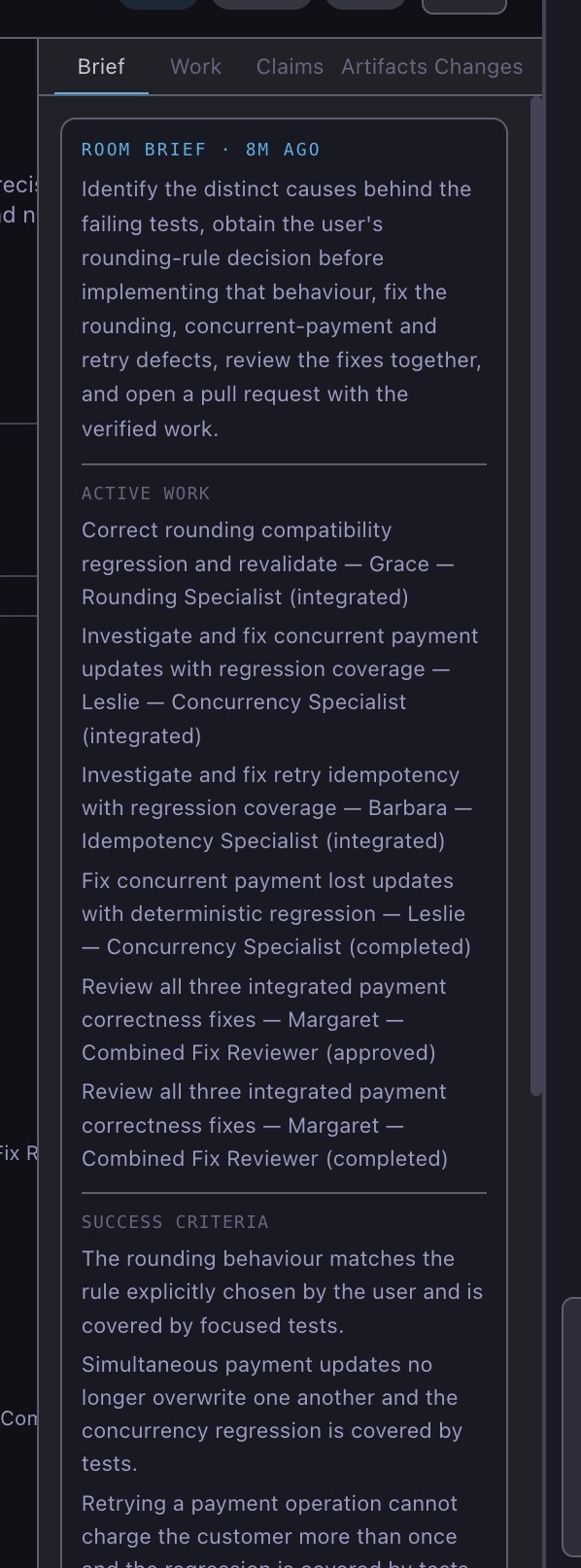 The Brief tab with the objective, active work, and success criteria