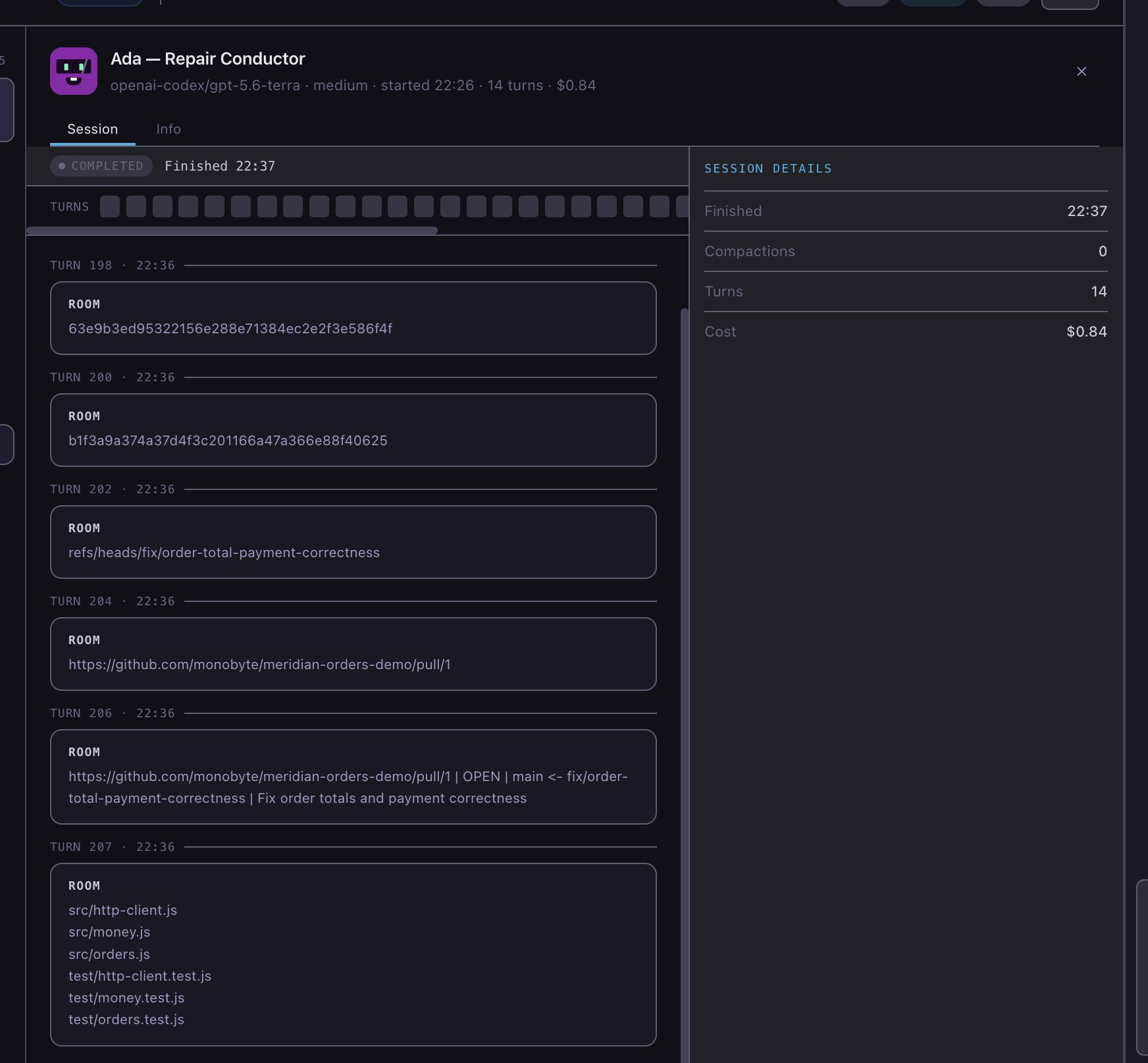 Ada's session, with the turn list and the session details