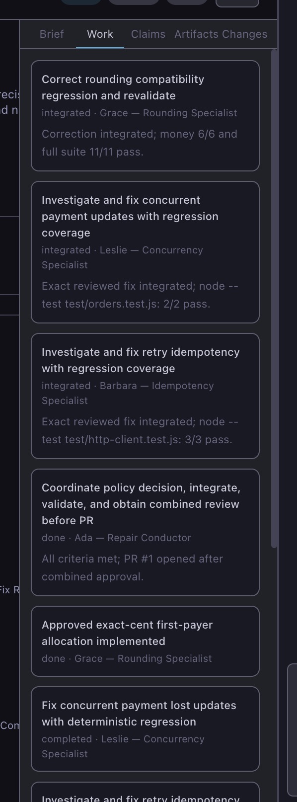 The Work tab, with each task, its owner and its state