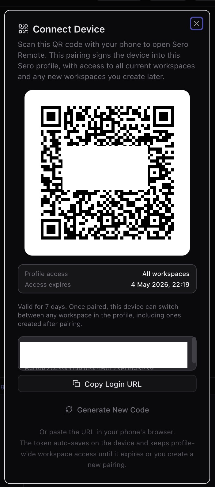 Remote web pairing dialog showing profile-wide access and expiry
