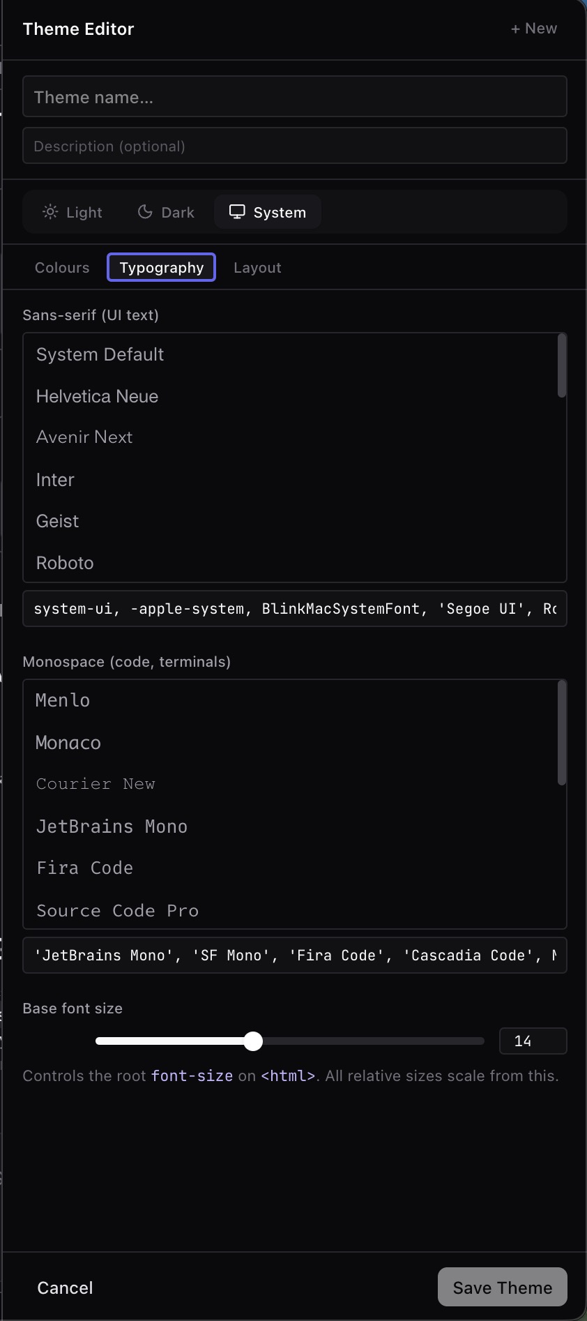 Theme editor color tokens